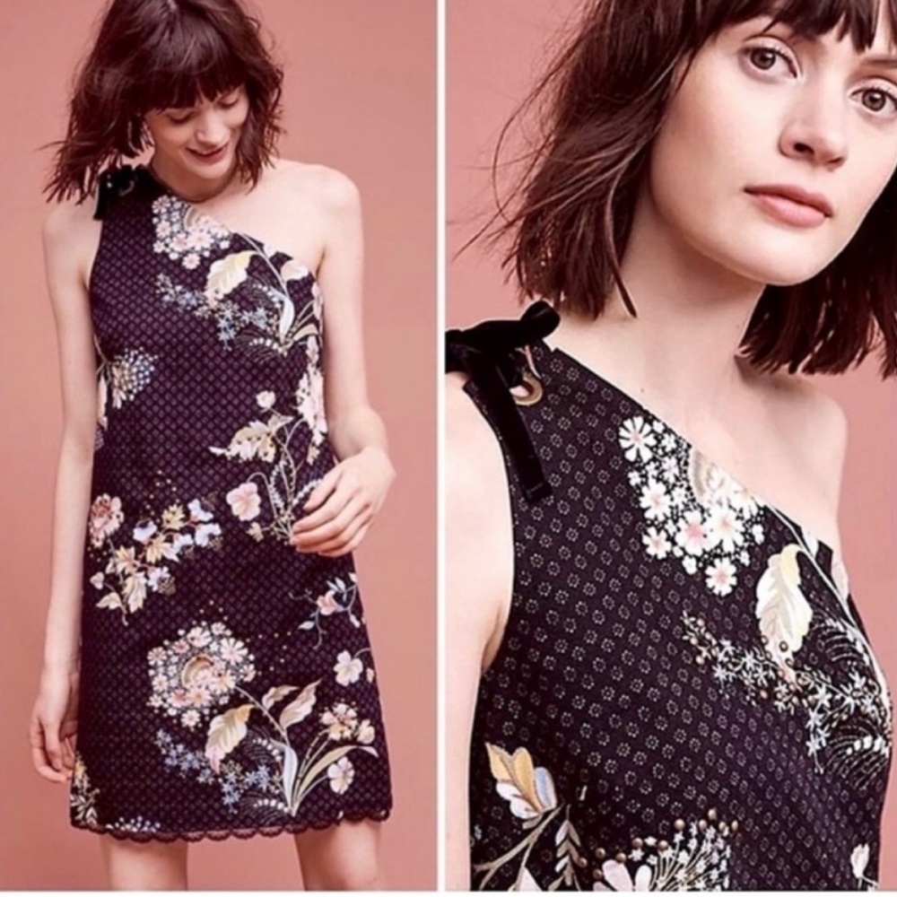 $168 Nwt Anthropologie Maeve Size 12 Black Thick Dress Floral One Shoulder